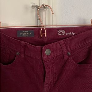 JCrew Toothpick Maroon Corduroys size 29 Ankle Length